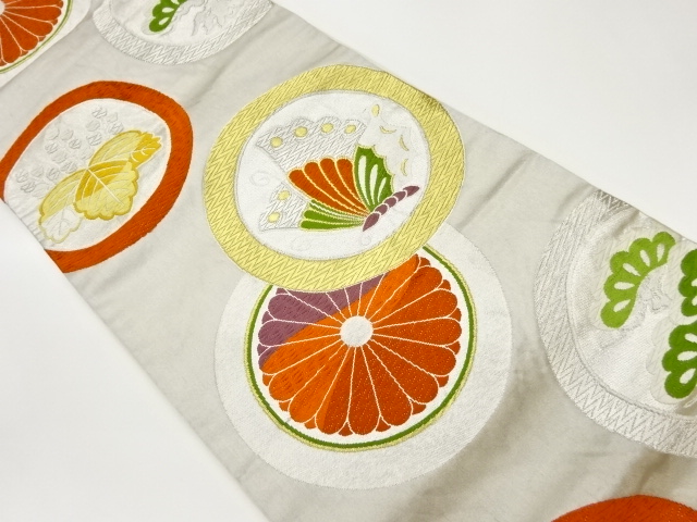 リサイクル　蝶に菊・松・桐模様織出し袋帯